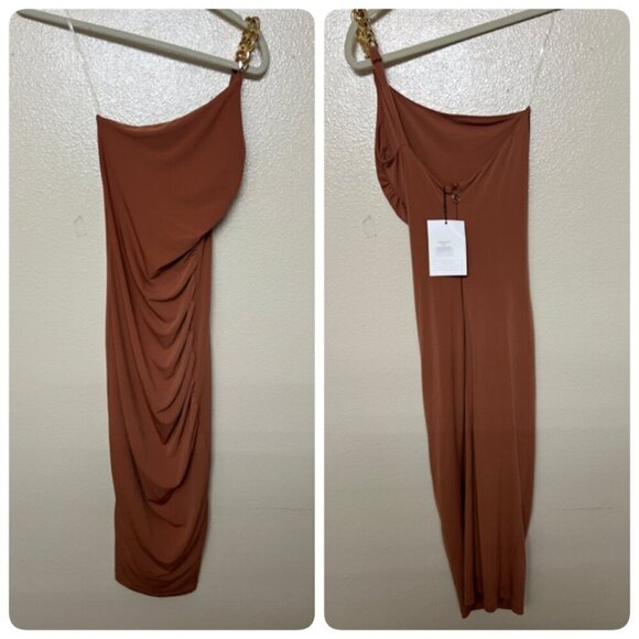 Nookie Alyssa Chain Midi Dress Women's Size S Tan One Shoulder Sleeve Jersey - Picture 6 of 9